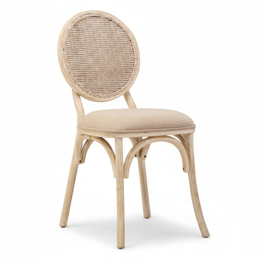 Beige chair with wicker backrest on a white background