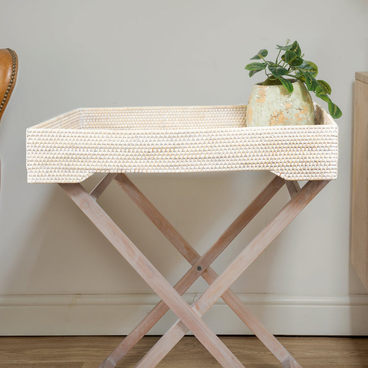 White Wash Rattan Butlers Tray Side Table