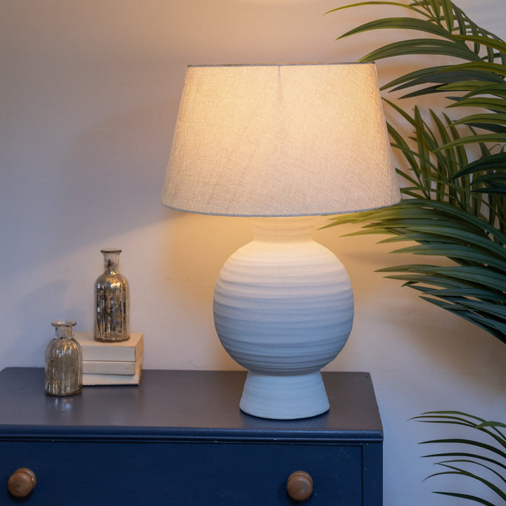 White Terracotta Ball Table Lamp with Linen Shade