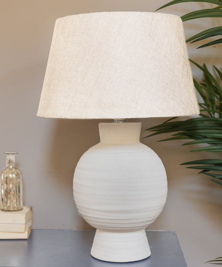 White Terracotta Ball Table Lamp with Linen Shade