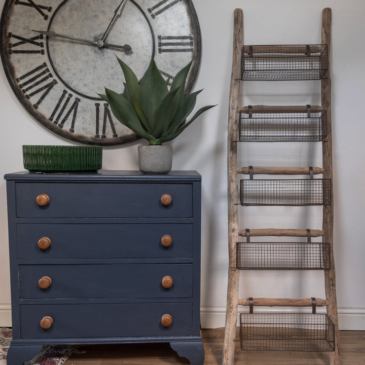 Wooden Ladder with Five Metal Storage Baskets