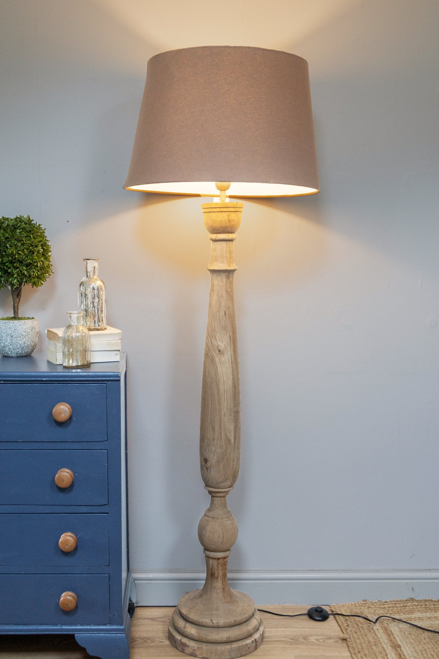 Tall Carved Mango Wood Floor Lamp with Shade