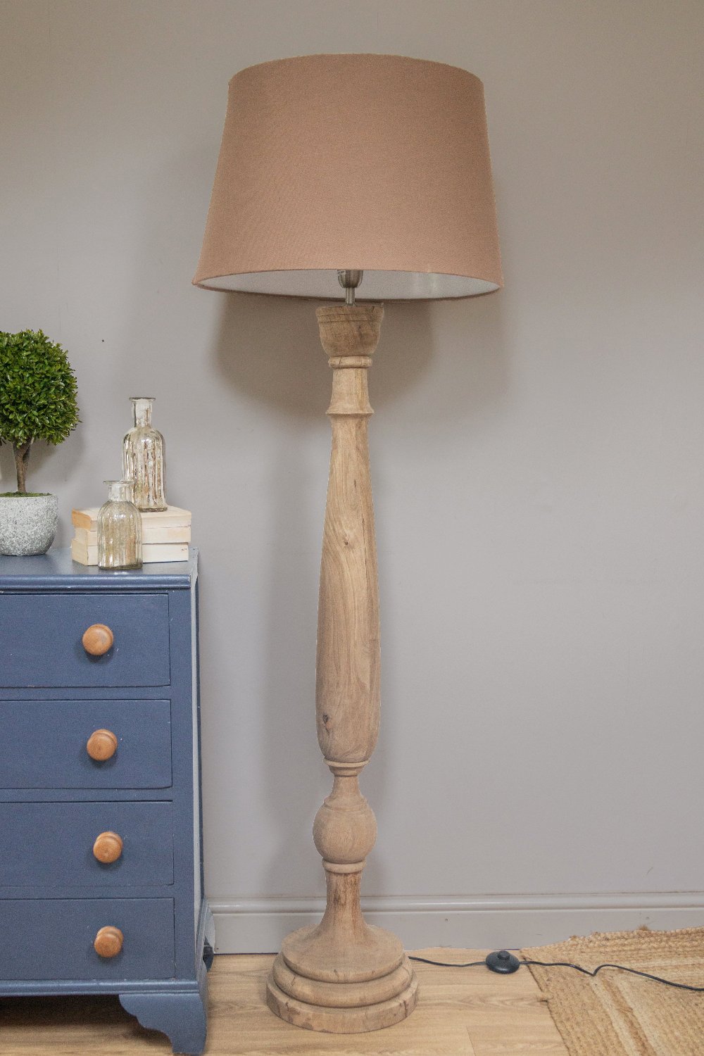 Tall Carved Mango Wood Floor Lamp with Shade