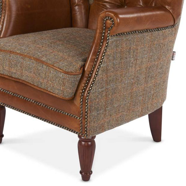 Brown Cerato and Gamekeeper Thorn Harris Tweed Marlon Low Club Chair Dark Wood Legs