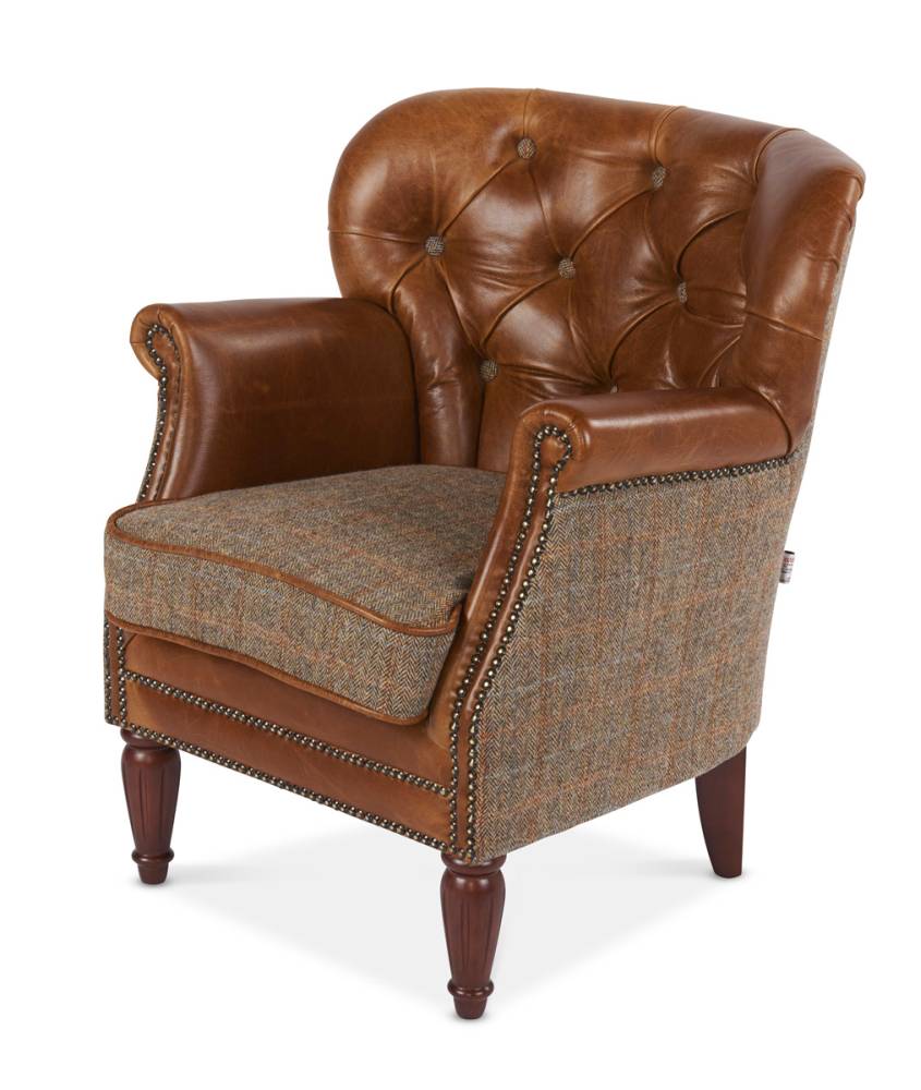 Brown Cerato and Gamekeeper Thorn Harris Tweed Marlon Low Club Chair Dark Wood Legs