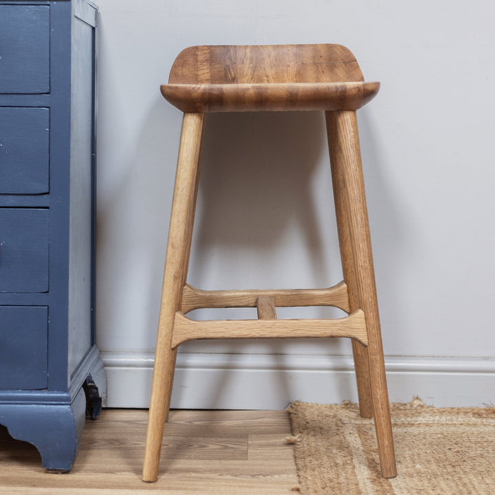 Oak Wooden Curved Seat Kitchen Bar Stool