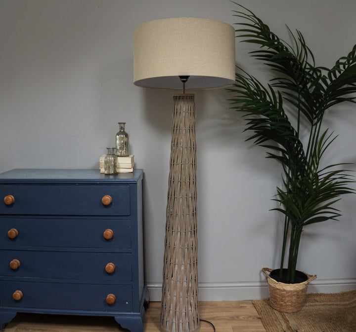 Woven Bamboo Tapered Floor Lamp with Linen Shade