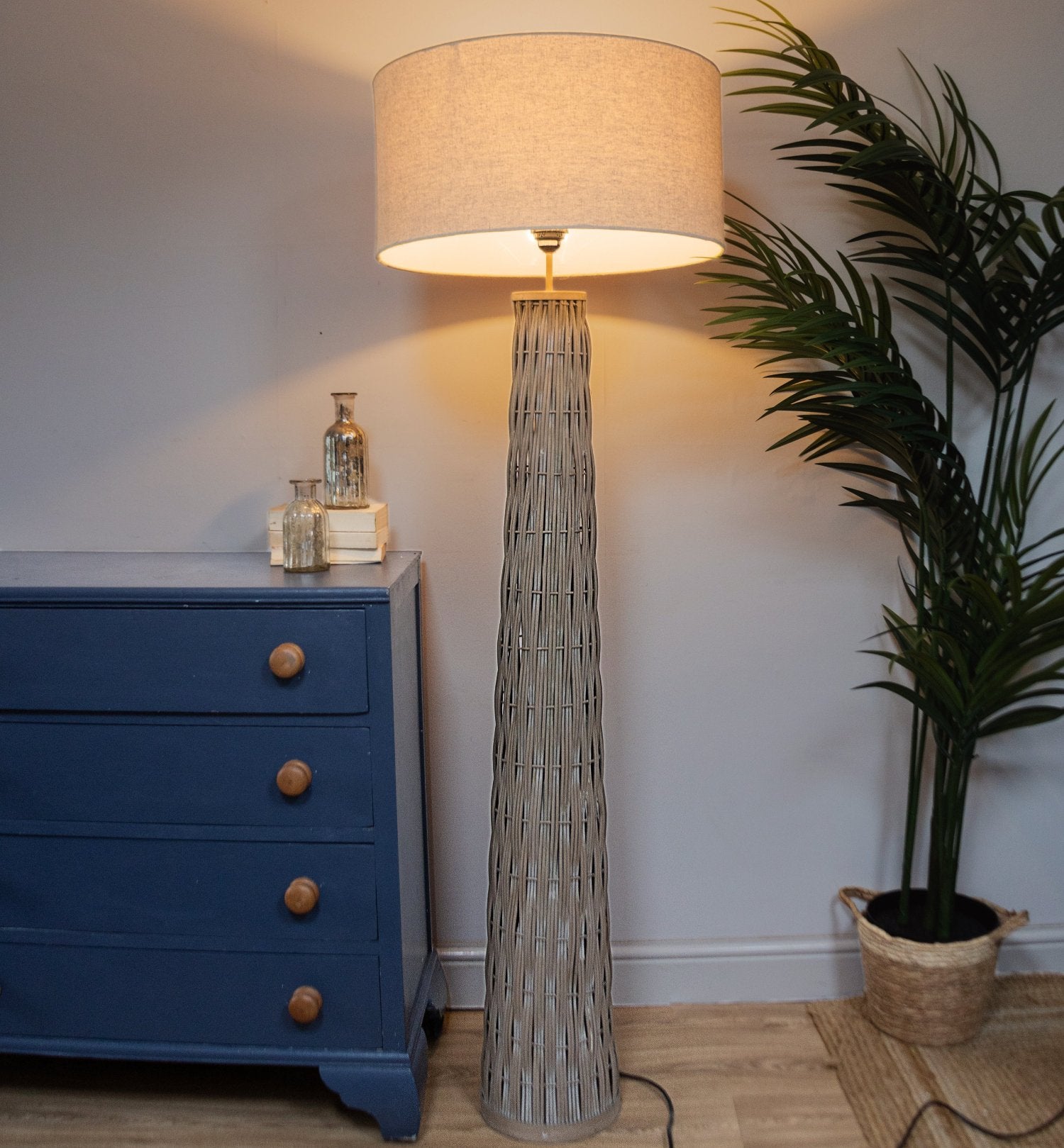 Woven Bamboo Tapered Floor Lamp with Linen Shade