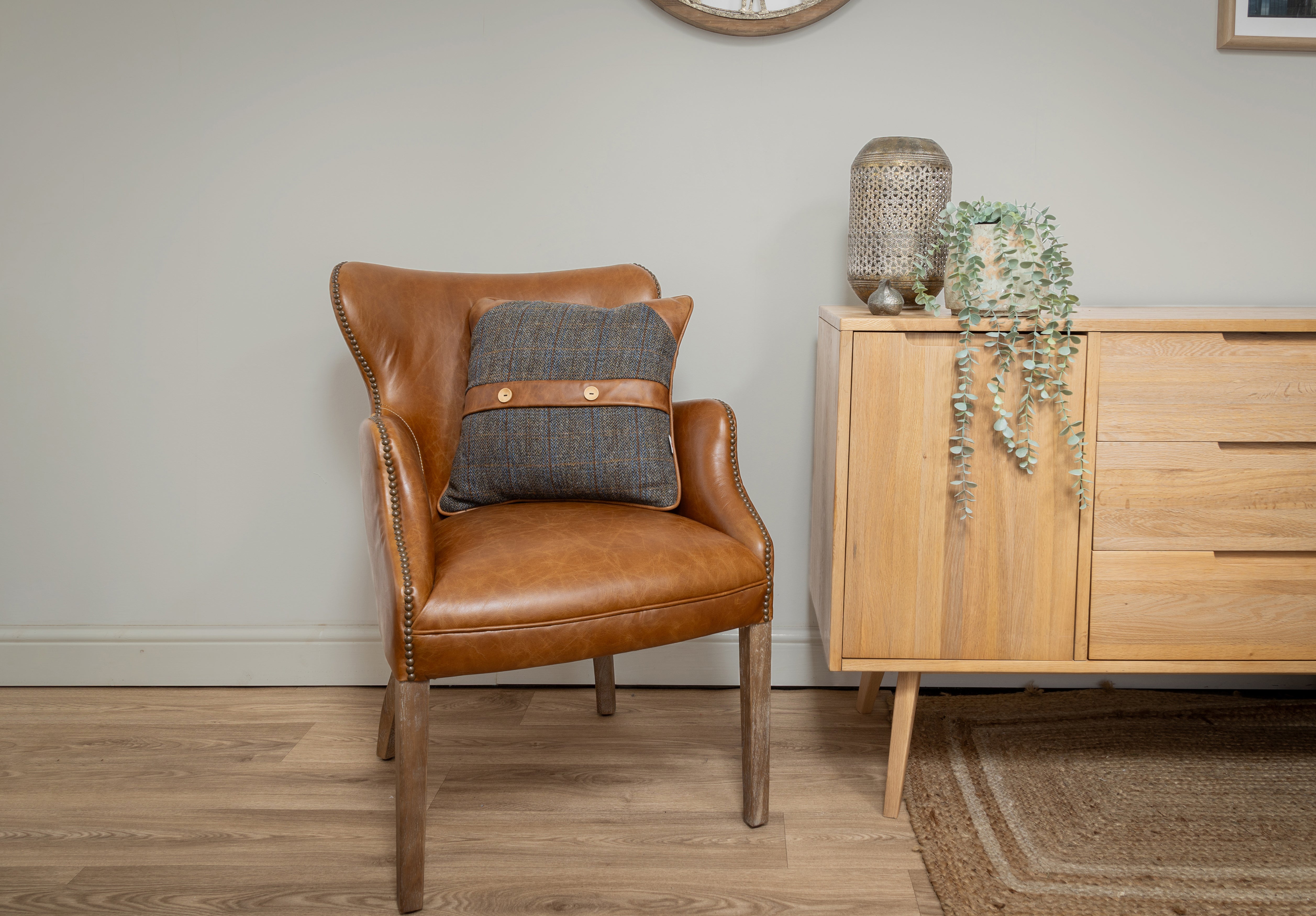 Uist Night Harris Tweed and Brown Cerato Leather Belt and Button Cushion