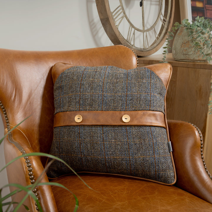 Uist Night Harris Tweed and Brown Cerato Leather Belt and Button Cushion