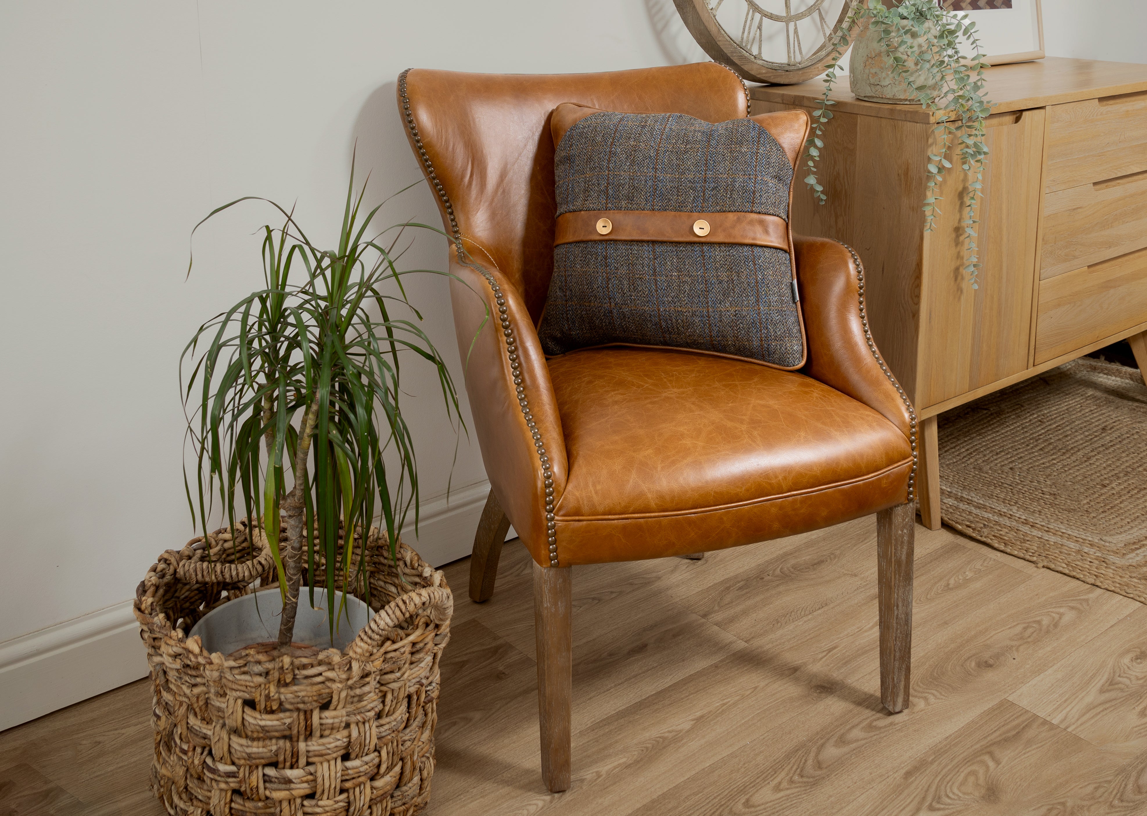 Uist Night Harris Tweed and Brown Cerato Leather Belt and Button Cushion