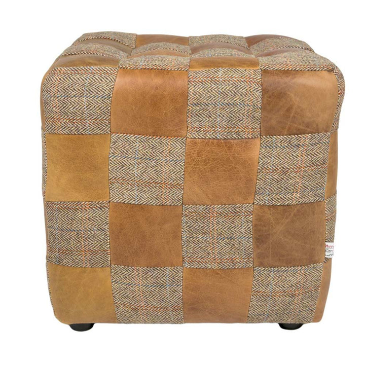 Brown Cerato Leather and Gamekeeper Thorn Harris Tweed Patchwork Cube Footstool
