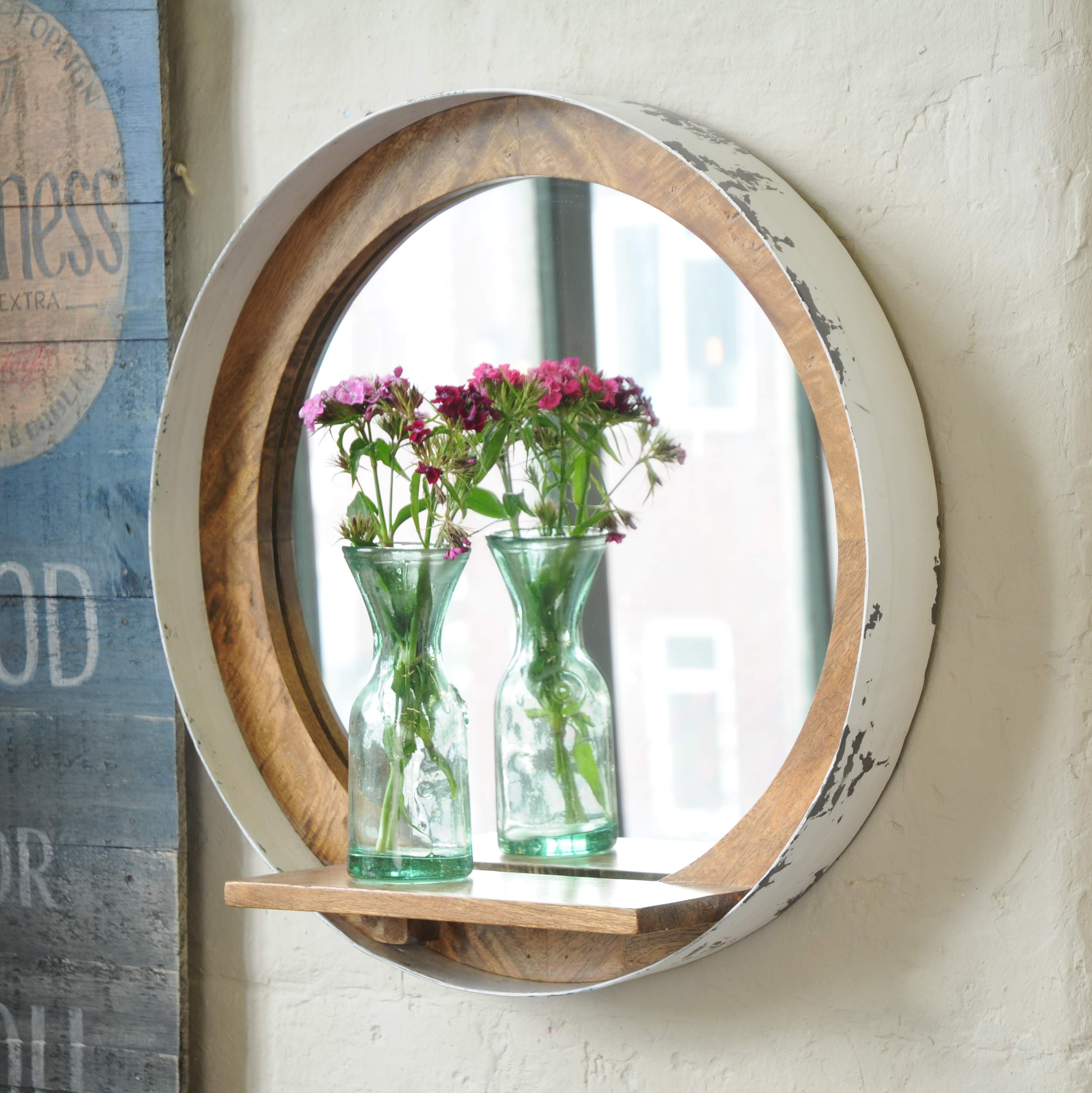 Industrial Vintage Porthole Wall Mirror With Shelf