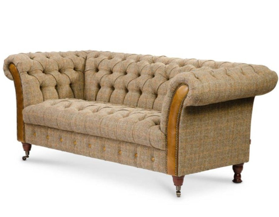 Bretby Two Seater Sofa Brown Cerato Leather and Gamekeeper Thorn Tweed