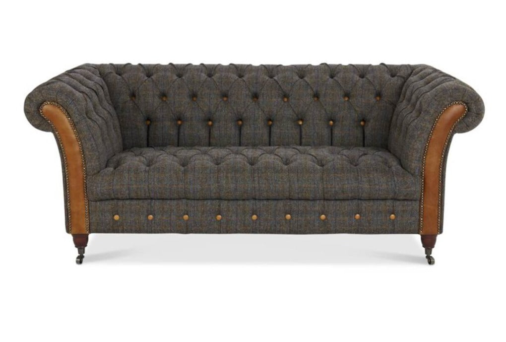 Bretby Two Seater Sofa Brown Cerato Leather and Uist Night Tweed