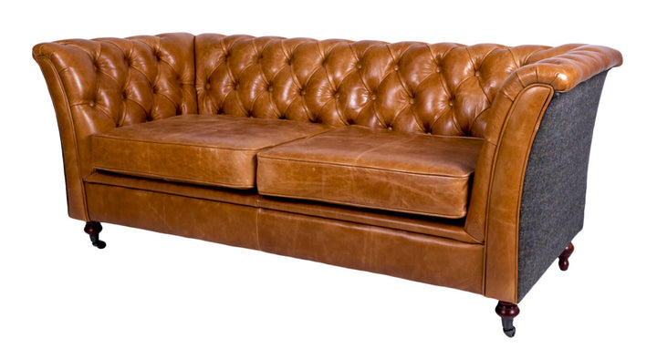 Brown Cerato Leather and Uist Night Harris Tweed Caesar Two Seater Chesterfield Sofa