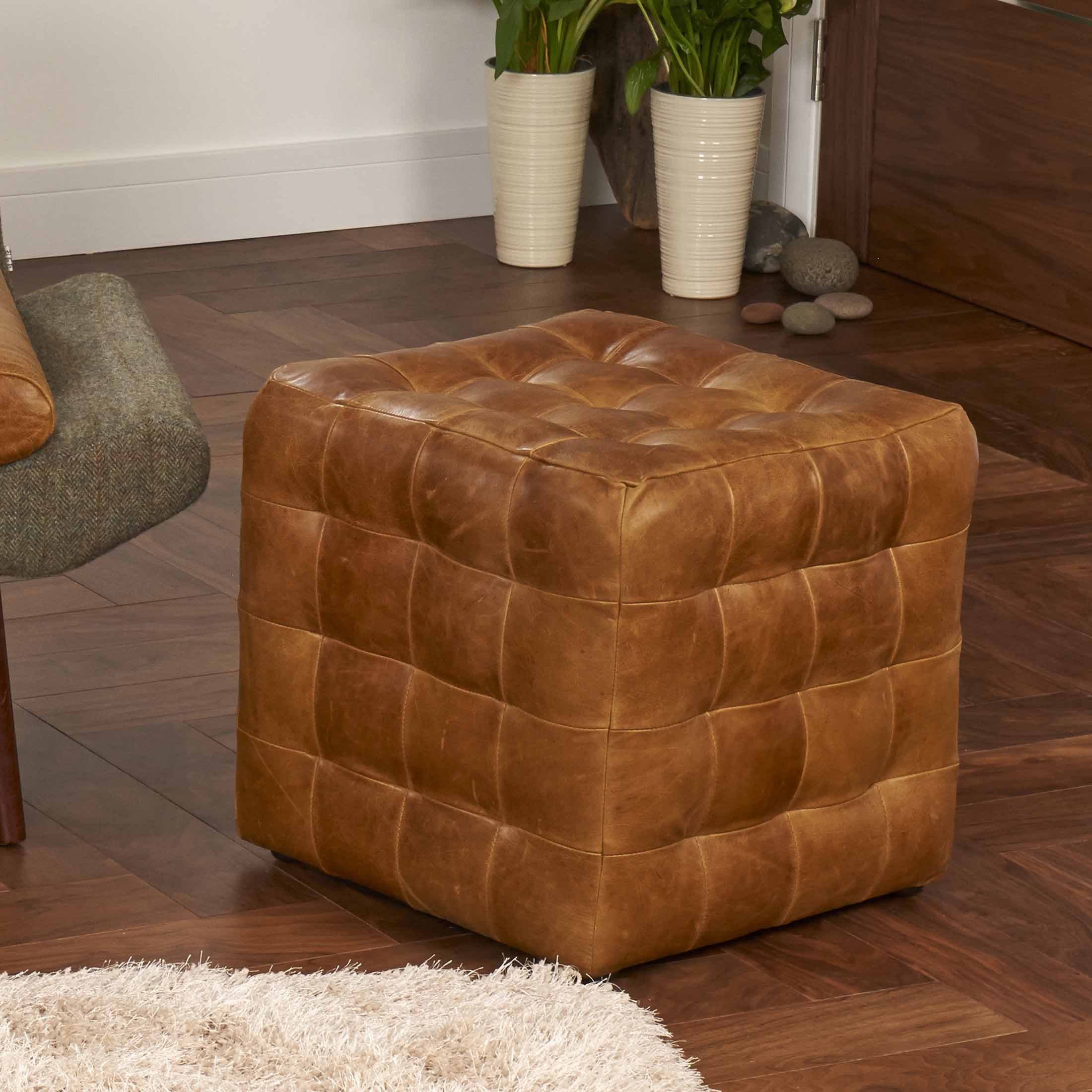 Brown Cerato Leather Patchwork Cube Footstool