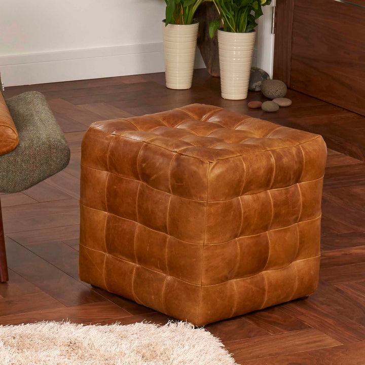 Brown Cerato Leather Patchwork Cube Footstool