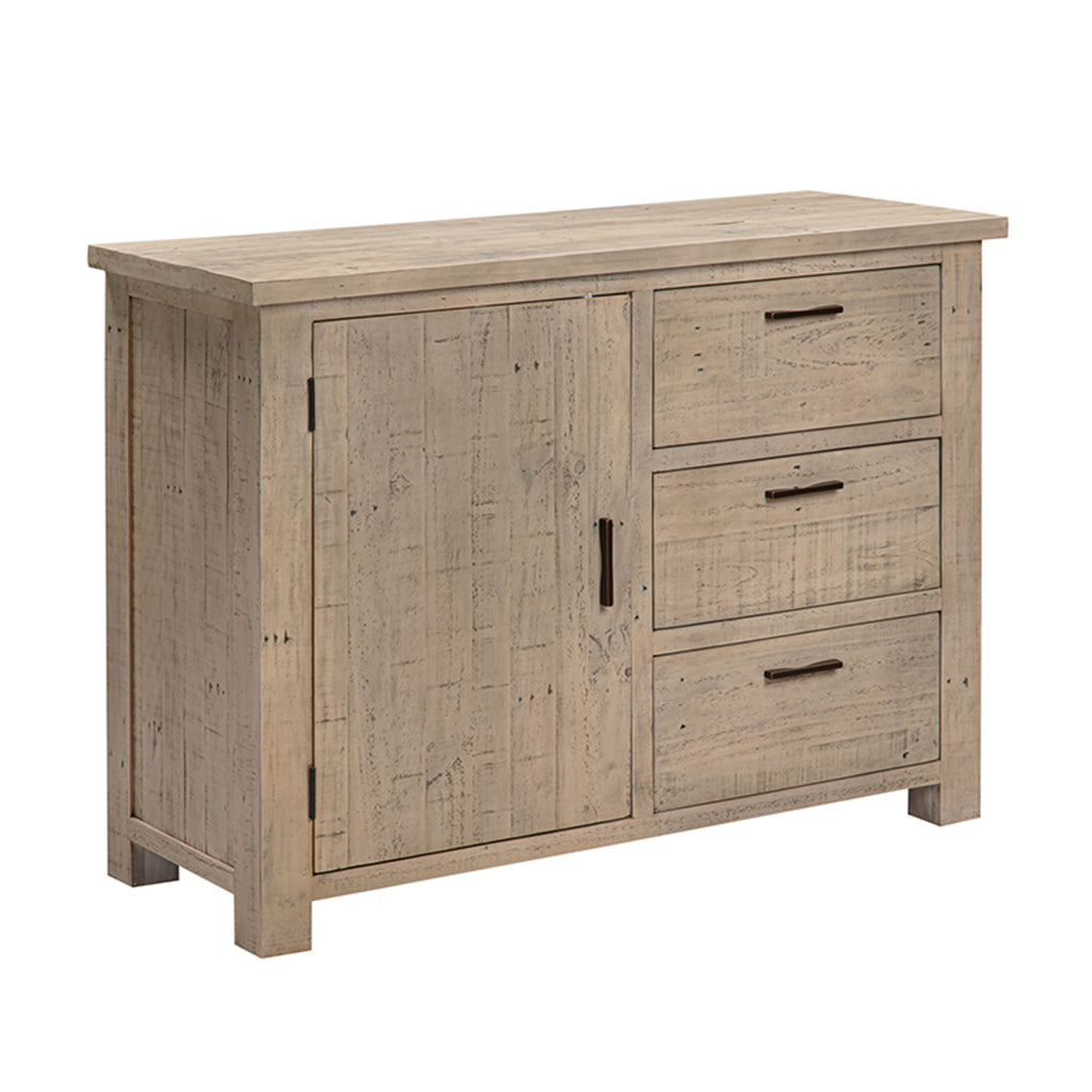 Distressed Pine One Door Three Drawer Compact Sideboard
