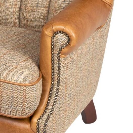 Gamekeeper Thorn Harris Tweed & Brown Cerato Leather Fluted Wing Armchair - The Orchard Home and Gifts