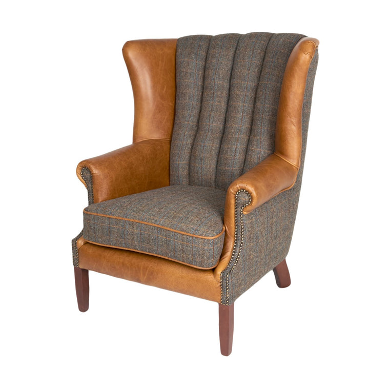 Uist Night Harris Tweed and Brown Cerato Leather Fluted Wing Armchair