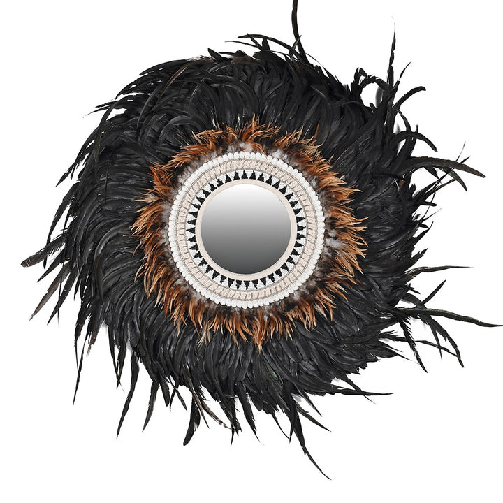 Round Feather and Beaded Mirror
