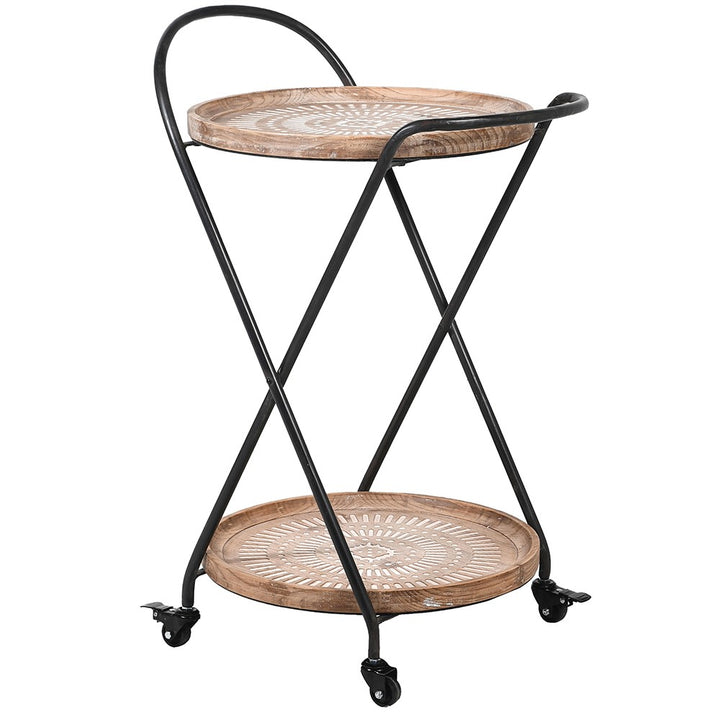 Brown and White Pattern Round Two Tier Drinks Trolley