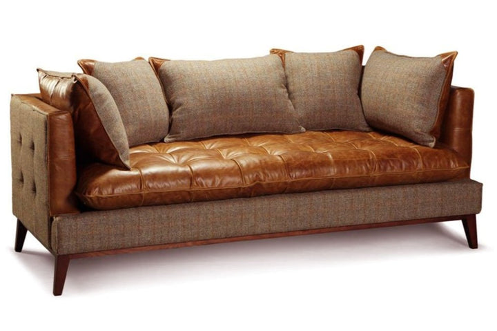 Portland Three Seater Sofa Brown Cerato Leather and Gamekeeper Thorn Tweed