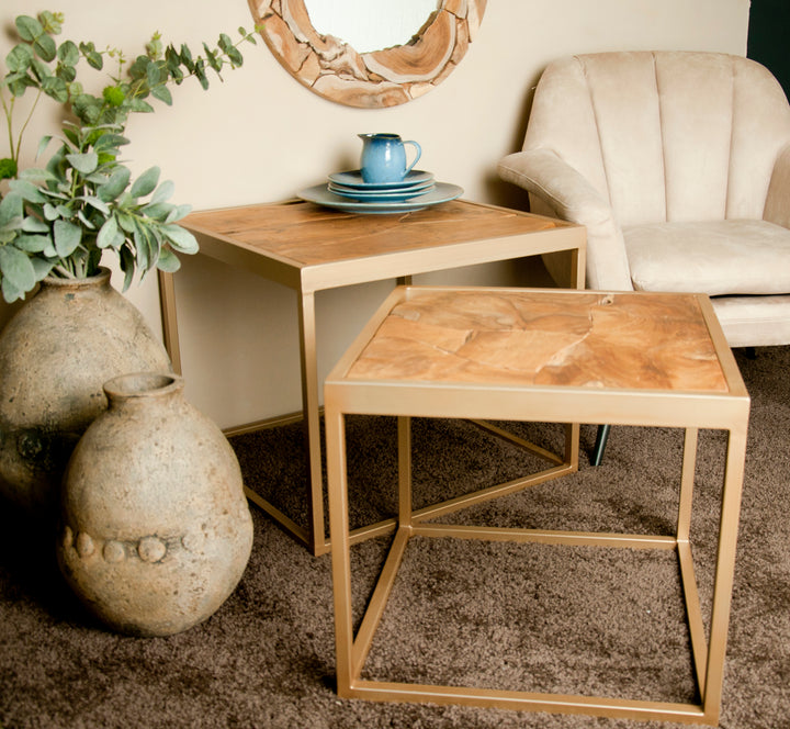 Rustic Teak and Gold Set of Two Coffee Side Tables