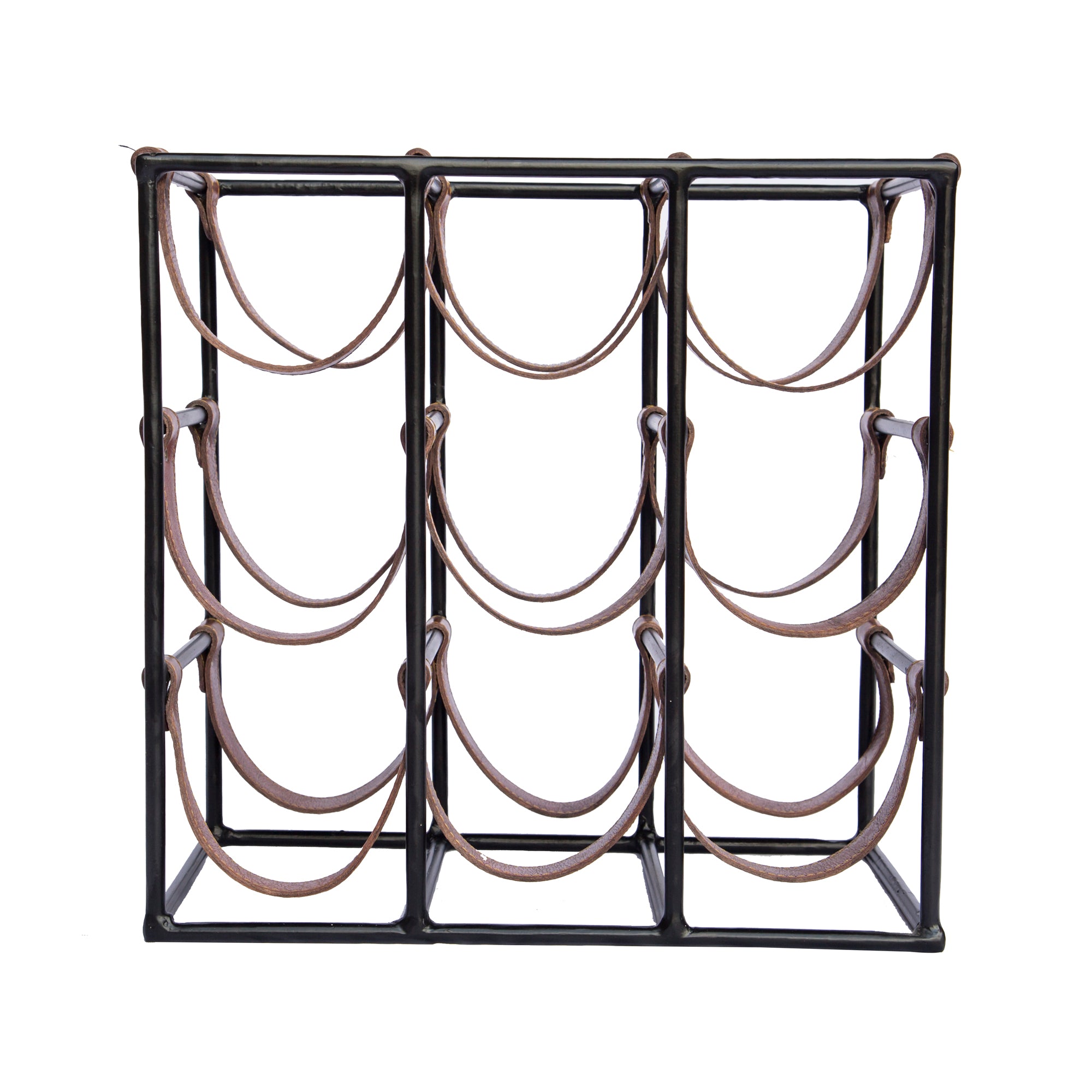 Square Leather and Metal 9 Bottle Sling Wine Rack The Orchard Home and Gifts