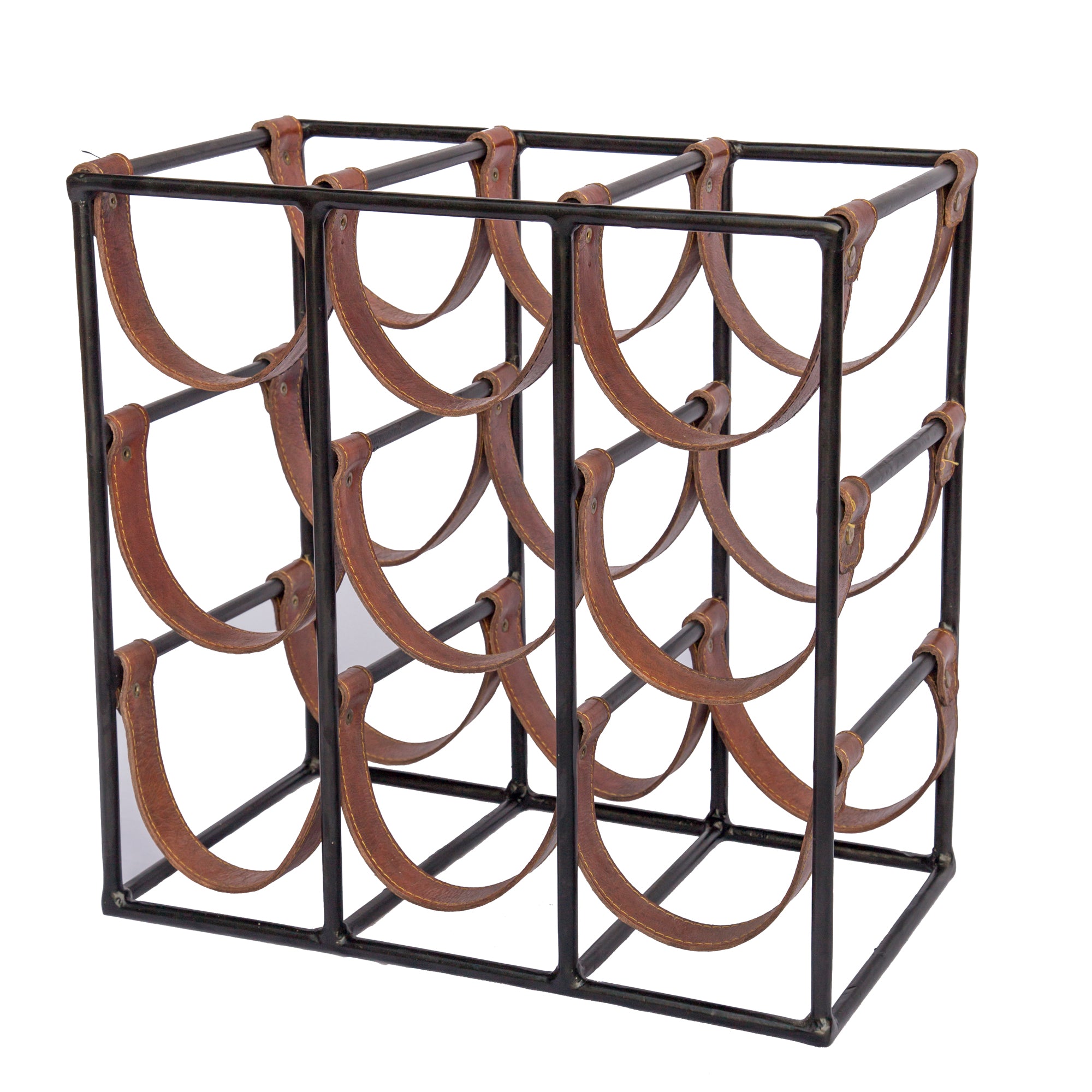 Square Leather and Metal 9 Bottle Sling Wine Rack