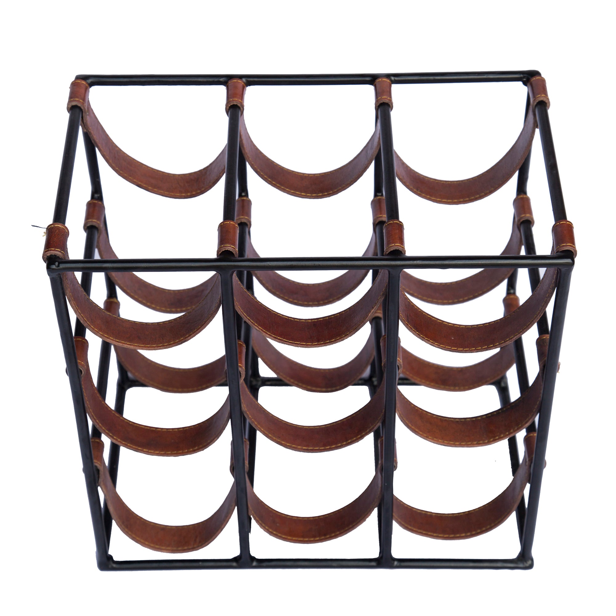 Square Leather and Metal 9 Bottle Sling Wine Rack