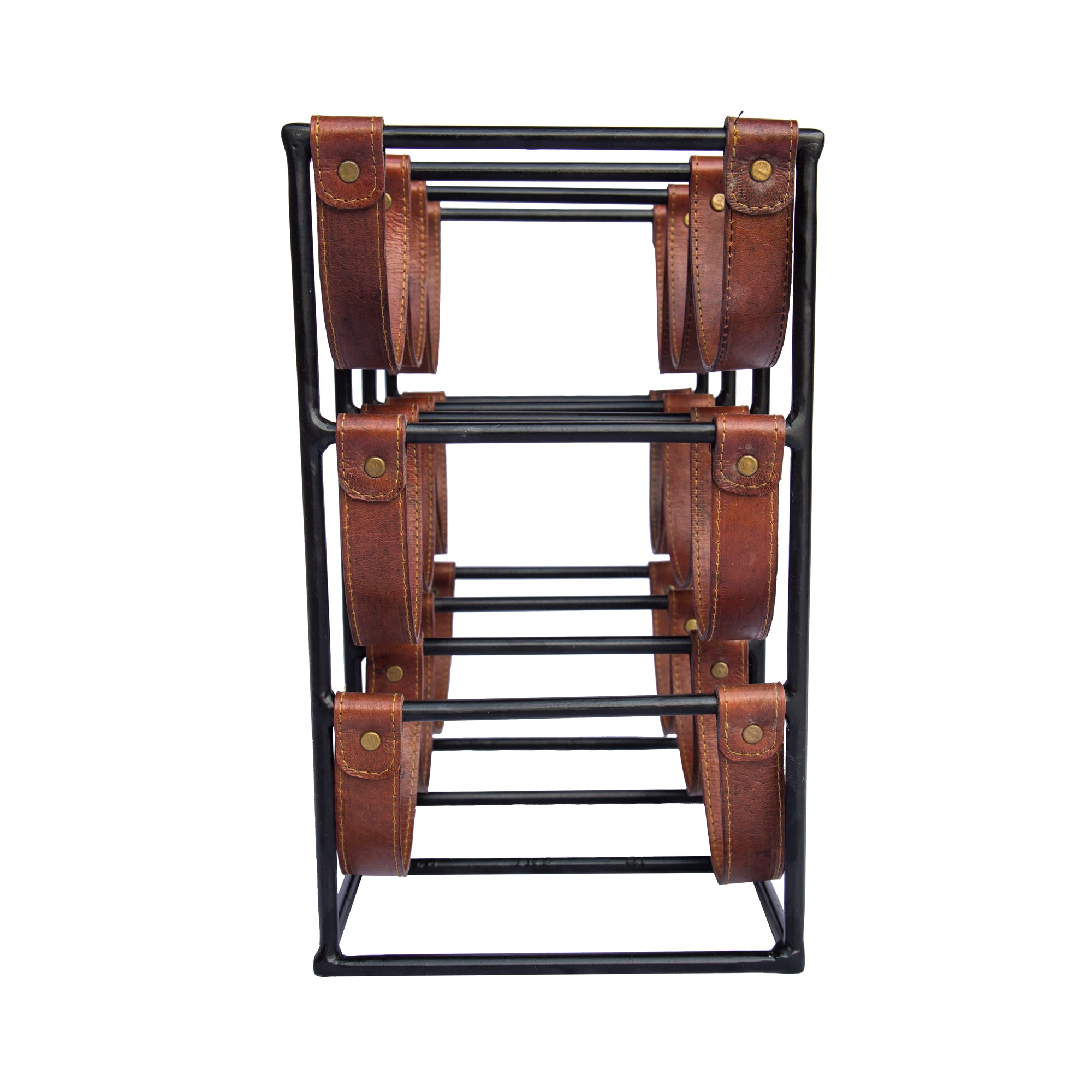 Square Leather and Metal 9 Bottle Sling Wine Rack