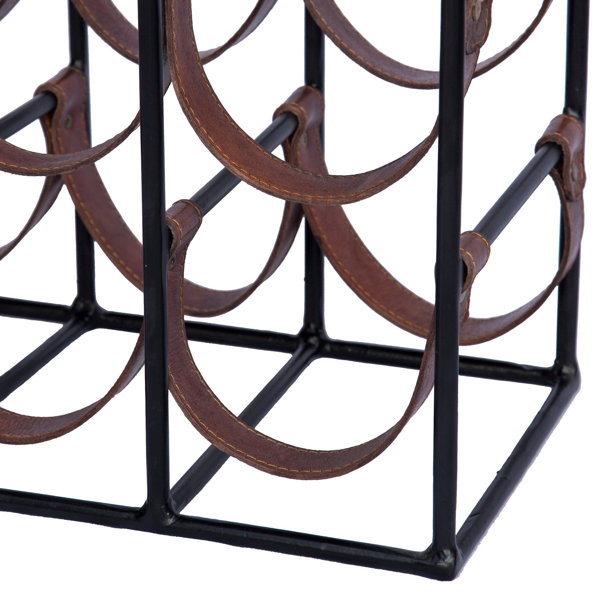 Square Leather and Metal 9 Bottle Sling Wine Rack