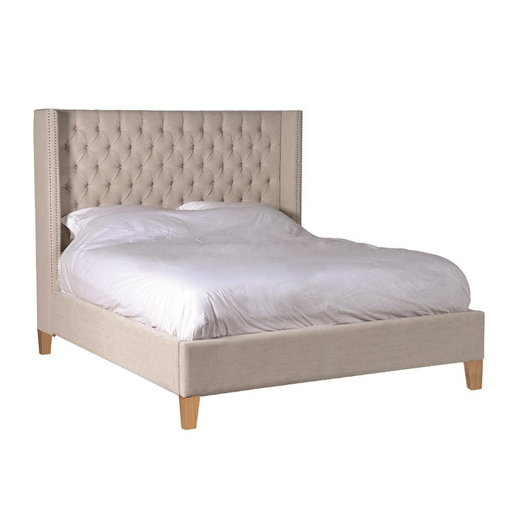 Beige Linen Upholstered Buttoned 5ft Super King Size Bed