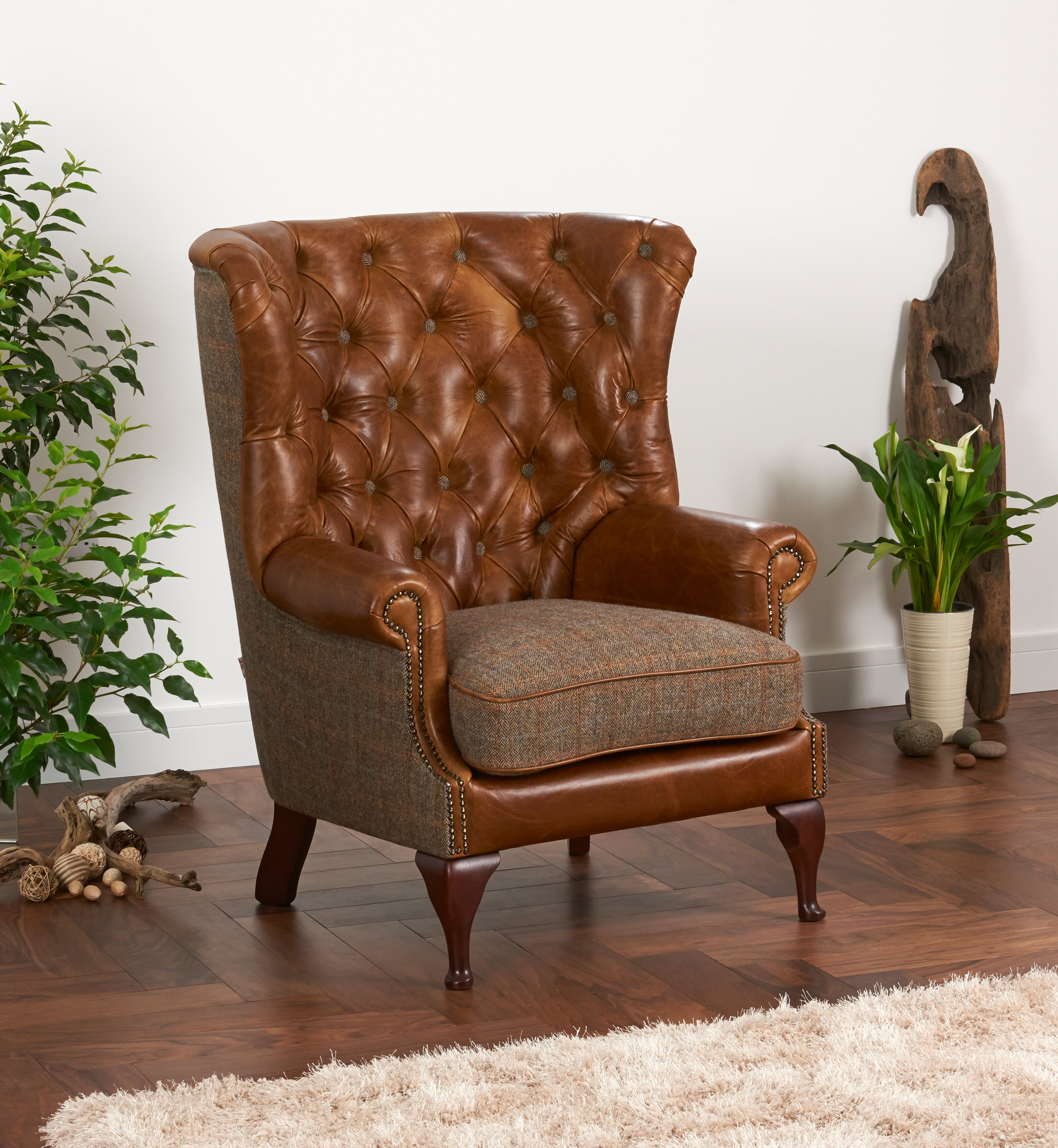 Brown Cerato Leather and Gamekeeper Thorn Harris Tweed Wing Wrap Armchair