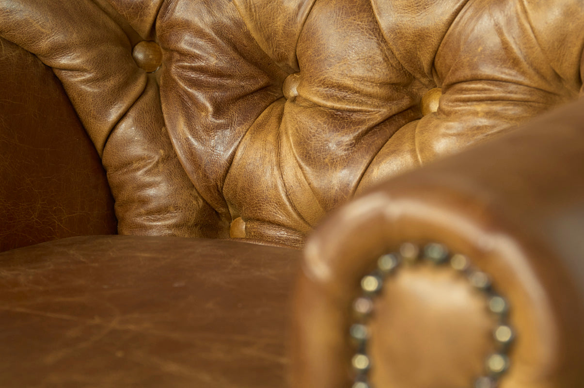 Brown Cerato Leather and Gamekeeper Thorn Harris Tweed Wing Wrap Armchair