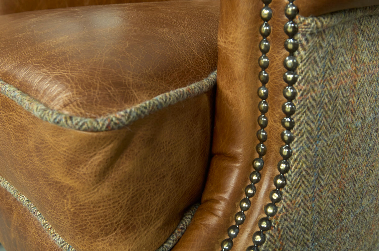 Brown Cerato Leather and Gamekeeper Thorn Harris Tweed Wing Wrap Armchair
