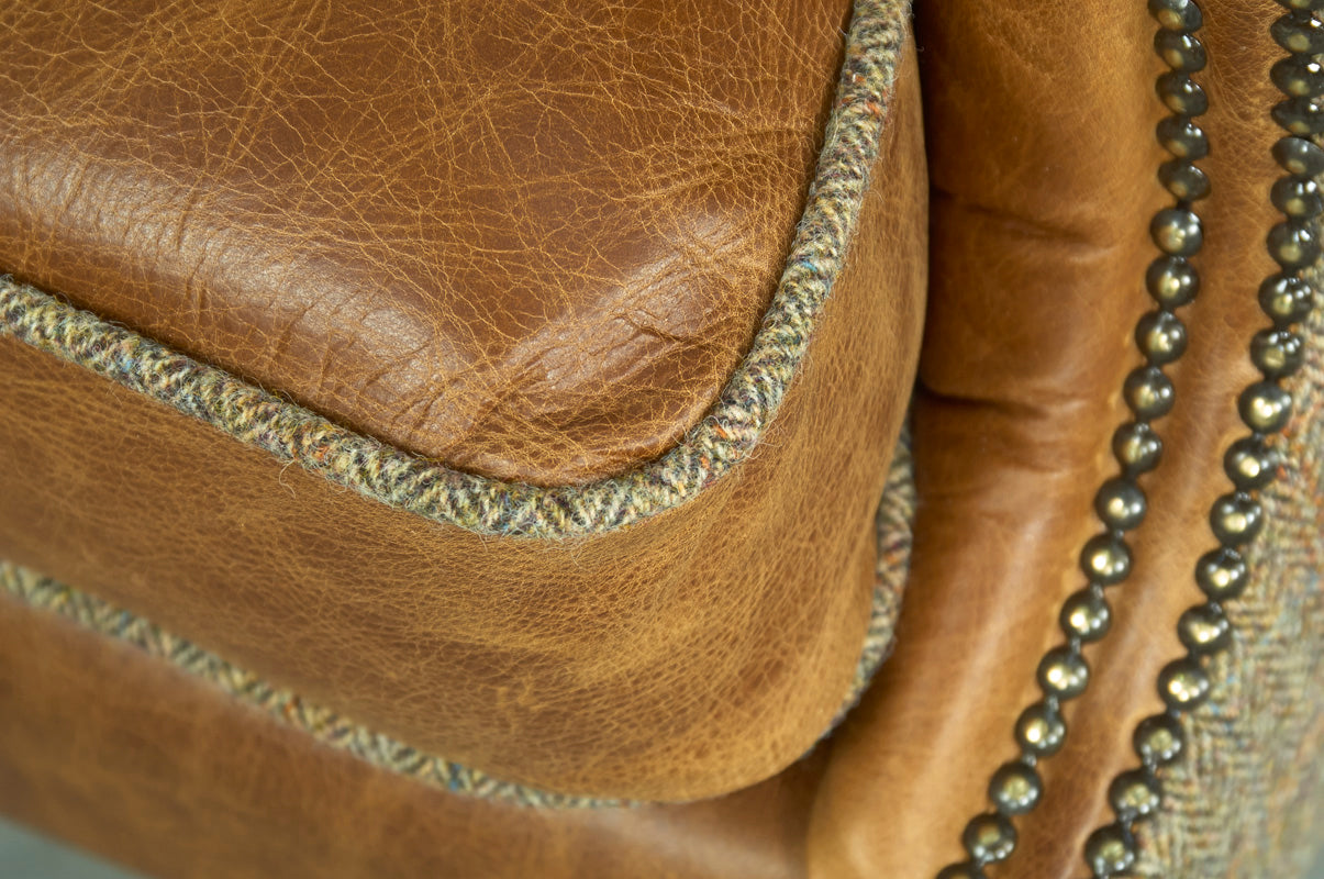 Brown Cerato Leather and Gamekeeper Thorn Harris Tweed Wing Wrap Armchair