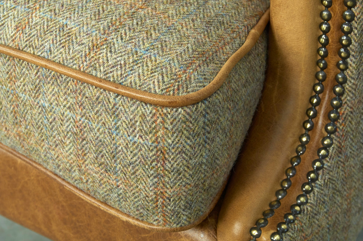 Brown Cerato Leather and Gamekeeper Thorn Harris Tweed Wing Wrap Armchair