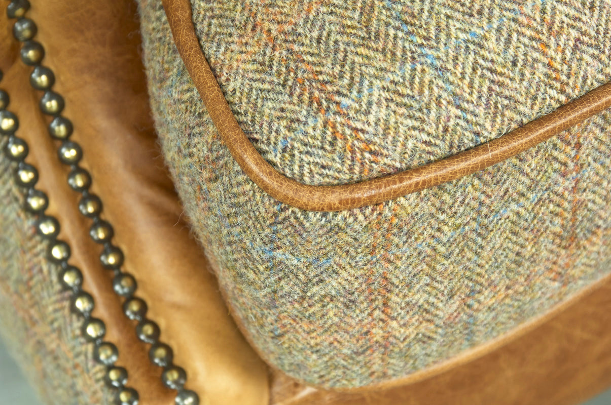 Brown Cerato Leather and Gamekeeper Thorn Harris Tweed Wing Wrap Armchair