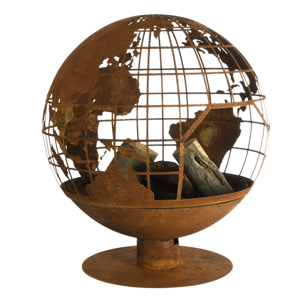 World Laser Cut Rust Fire Globe
