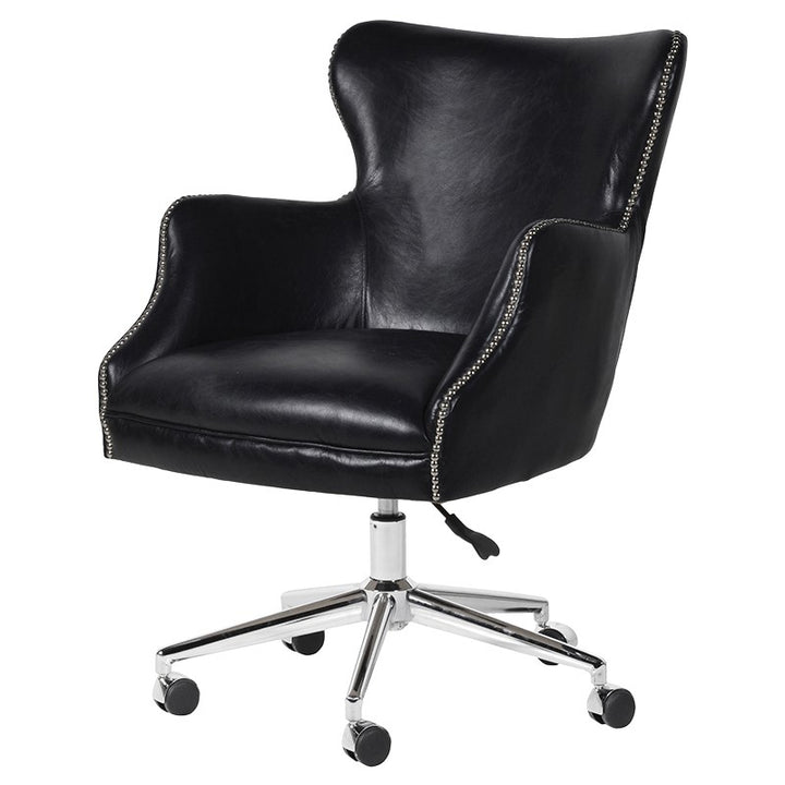 Black Aged Leather Office Chair on Castors