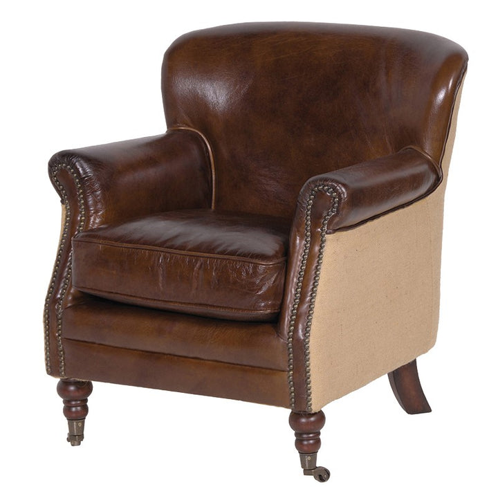 Brown Leather and Linen Petite Armchair