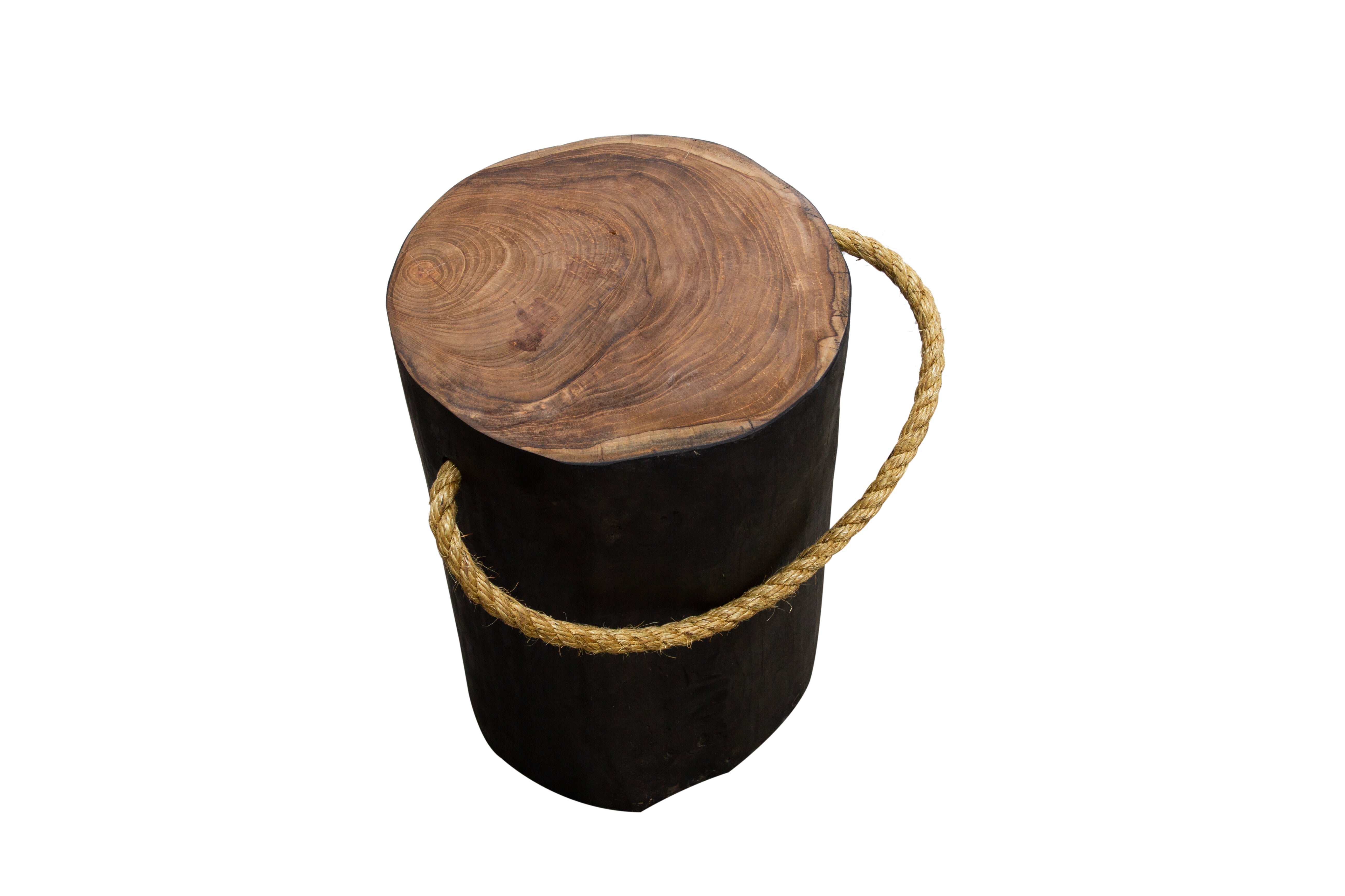 Natural Teak Root Round Black Stool Side Table With Rope