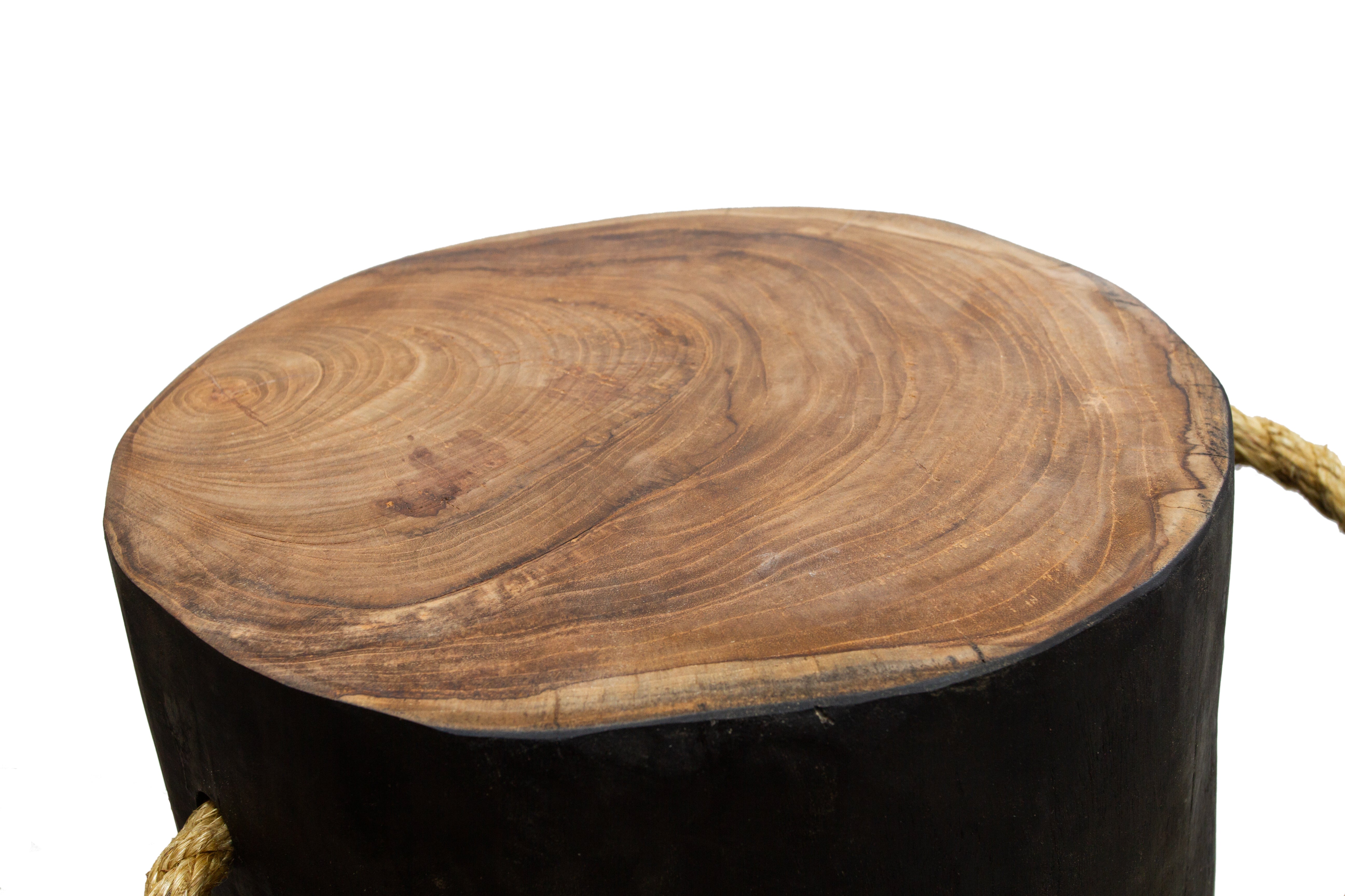 Natural Teak Root Round Black Stool Side Table With Rope